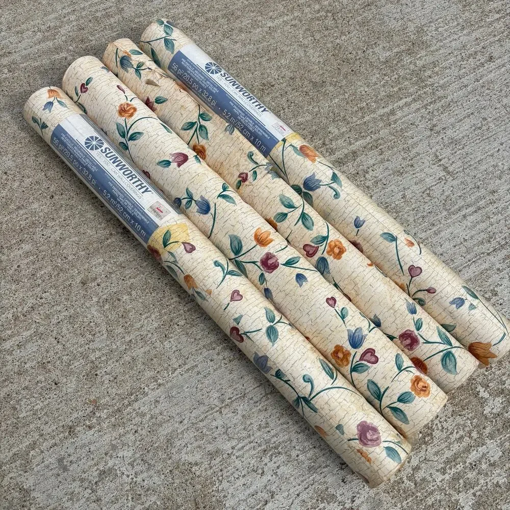 Lot of 4 Double Rolls Sunworthy Wallpaper Floral Flowers Wallcovering Pink cream